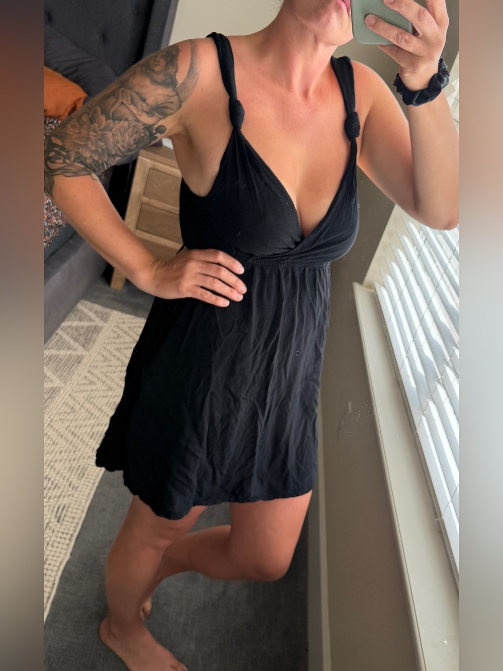 ASOS Black Deep V Neck Wide Strap Smock Mini Dress - sz 8 Tall
